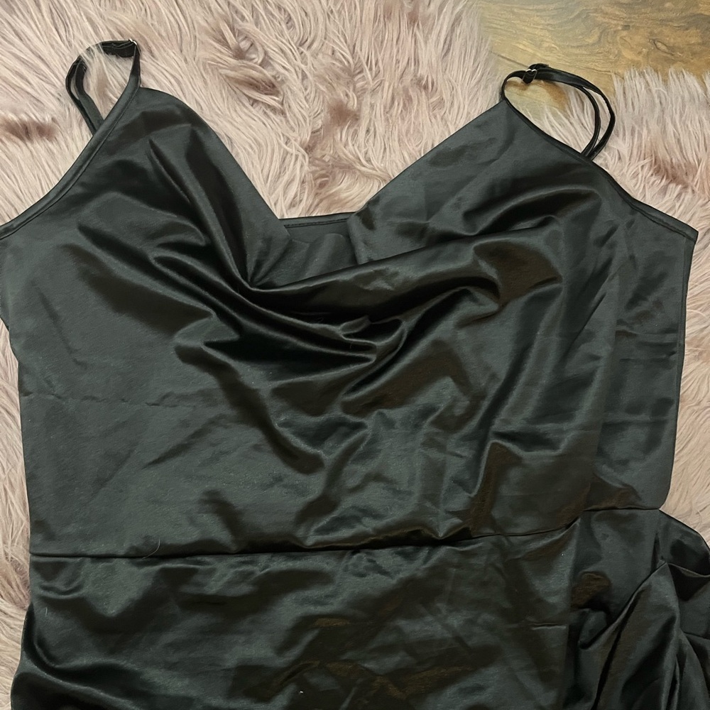 Elegant Black Satin Cami Dress w Cowl Neck and Faux Wrap Style - Picture 5 of 7